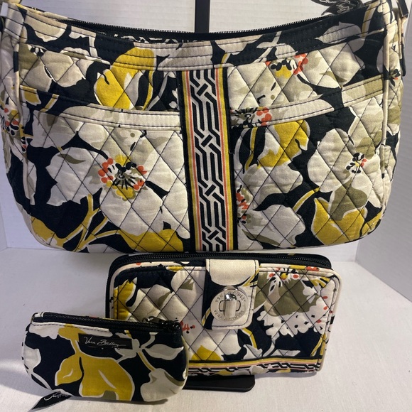 Vera Bradley Black and Yellow Floral Shoulder  three-piece Bag Set - Picture 1 of 16